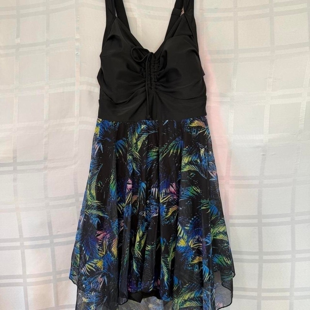 Tropical Palm Leaf Print Swim Dress Asymmetrical Handkerchief Hem Size 14/16